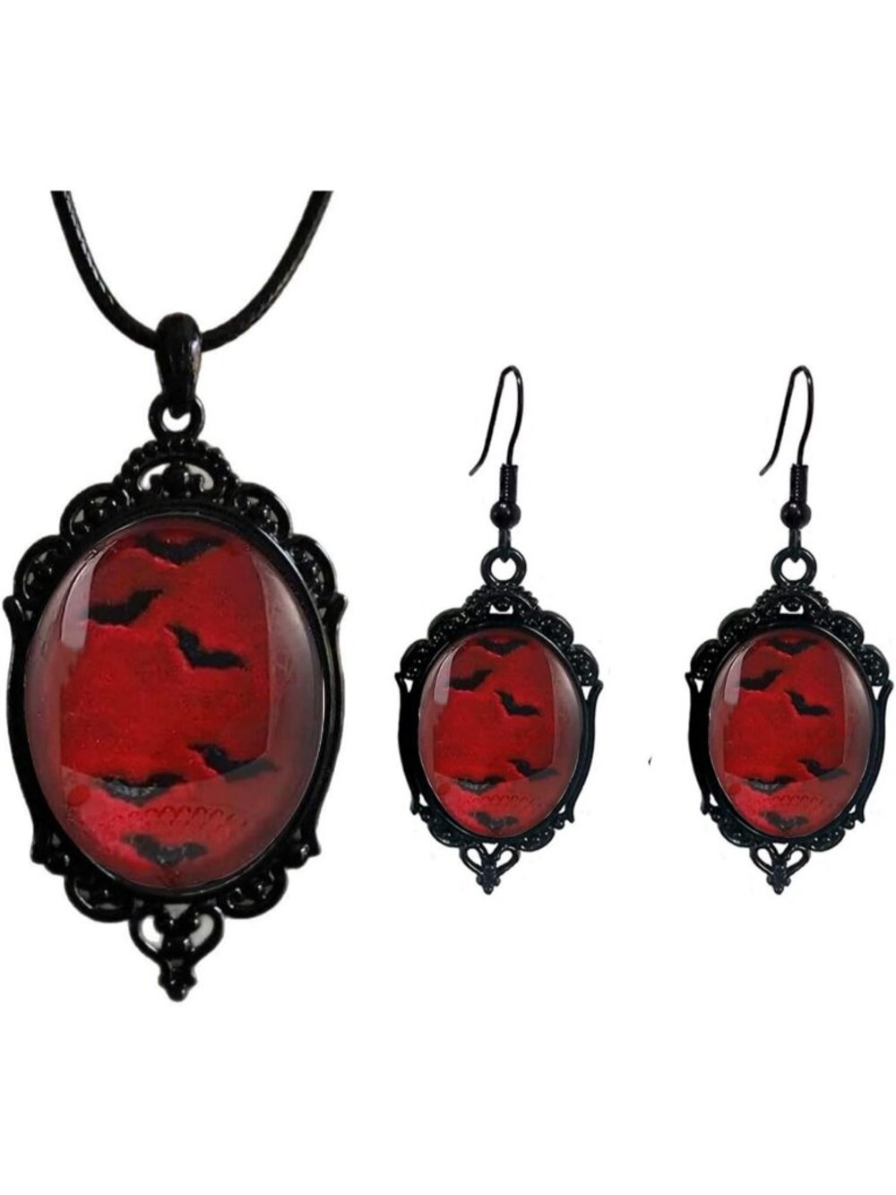 Vintage Gothic Raven Bat Witch Jewelry Set Cameo Necklace Earrings-B2:Red Bat